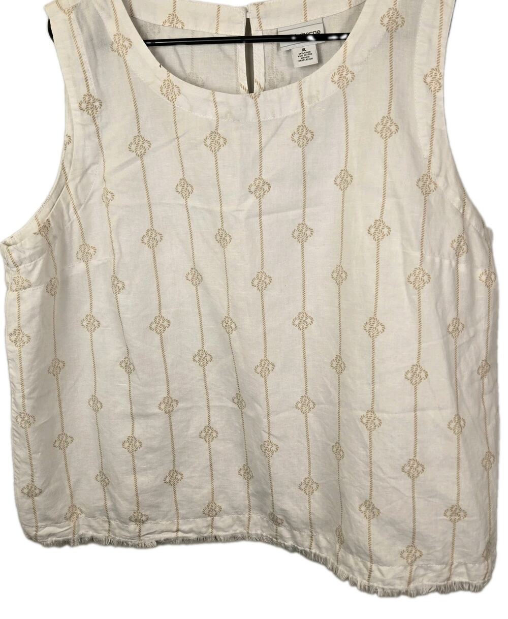 Liz Claiborne Women's Round Neck LINEN BLEND Tank Top XL Flax Rope Print frayed